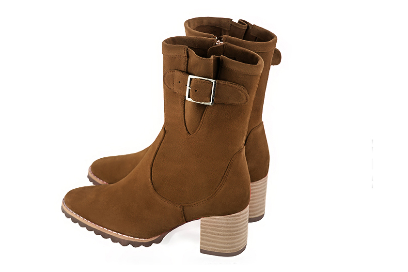 Caramel brown women's ankle boots with buckles on the sides. Round toe. Medium block heels. Rear view - Florence KOOIJMAN
